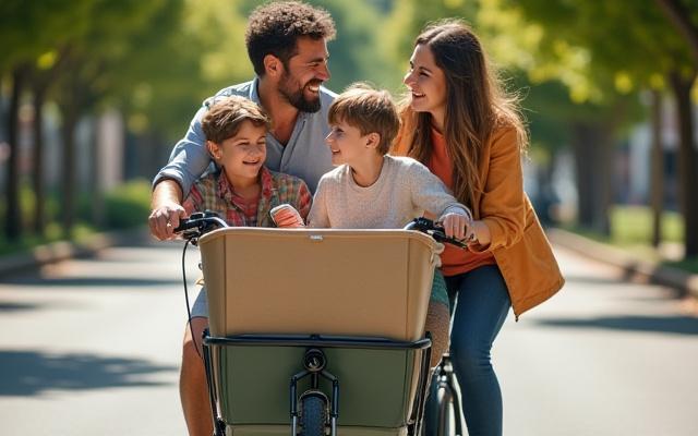 Family with kids and groceries on an electric cargo bike
