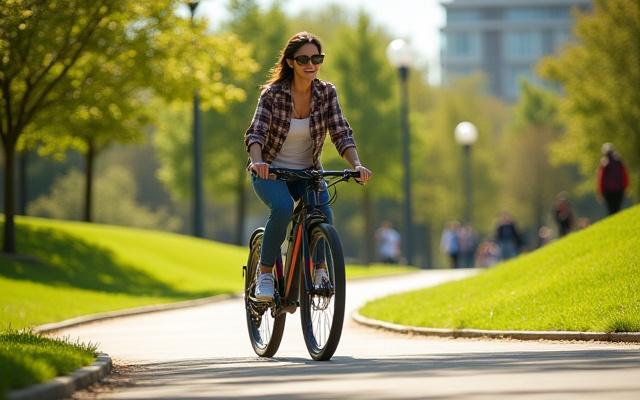 Person test riding an e-bike through a park