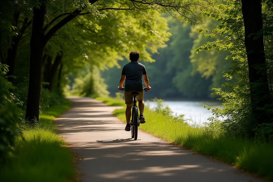 E-bike rider on a serene path along the Bronx River Greenway, with river and trees in the background.