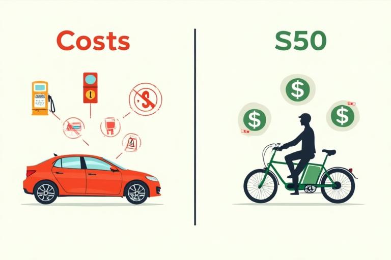 Diagram displaying cost savings comparing car ownership vs. electric cargo bike ownership over time, with icons for gas, insurance, and parking.