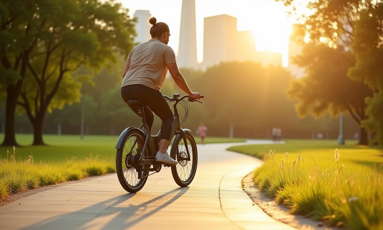 Person riding a Golden Age e-bike through a scenic city park with skyscrapers in background