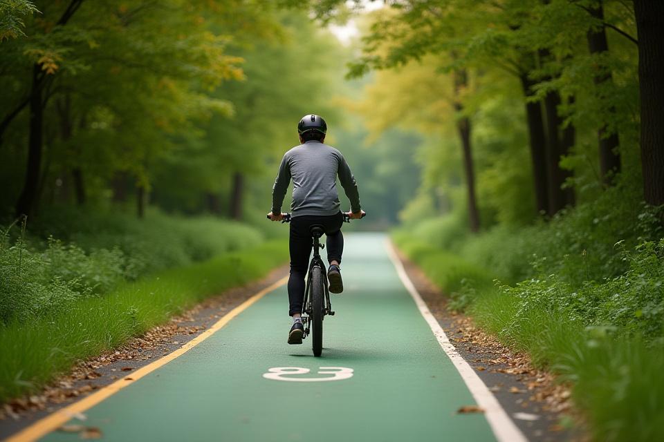 E-bike rider enjoying the dedicated bike lane in Prospect Park, Brooklyn, surrounded by lush greenery.